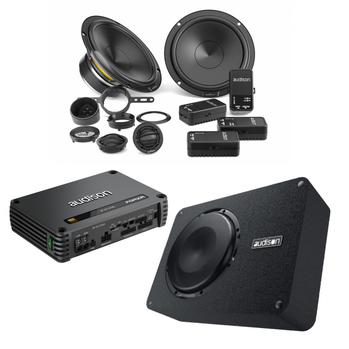 Audison Prima autohifipaketti DSP:llä, kaiuttimilla ja subbarilla Audison Prima autohifipaketti DSP:llä, kaiuttimilla ja subbarilla
